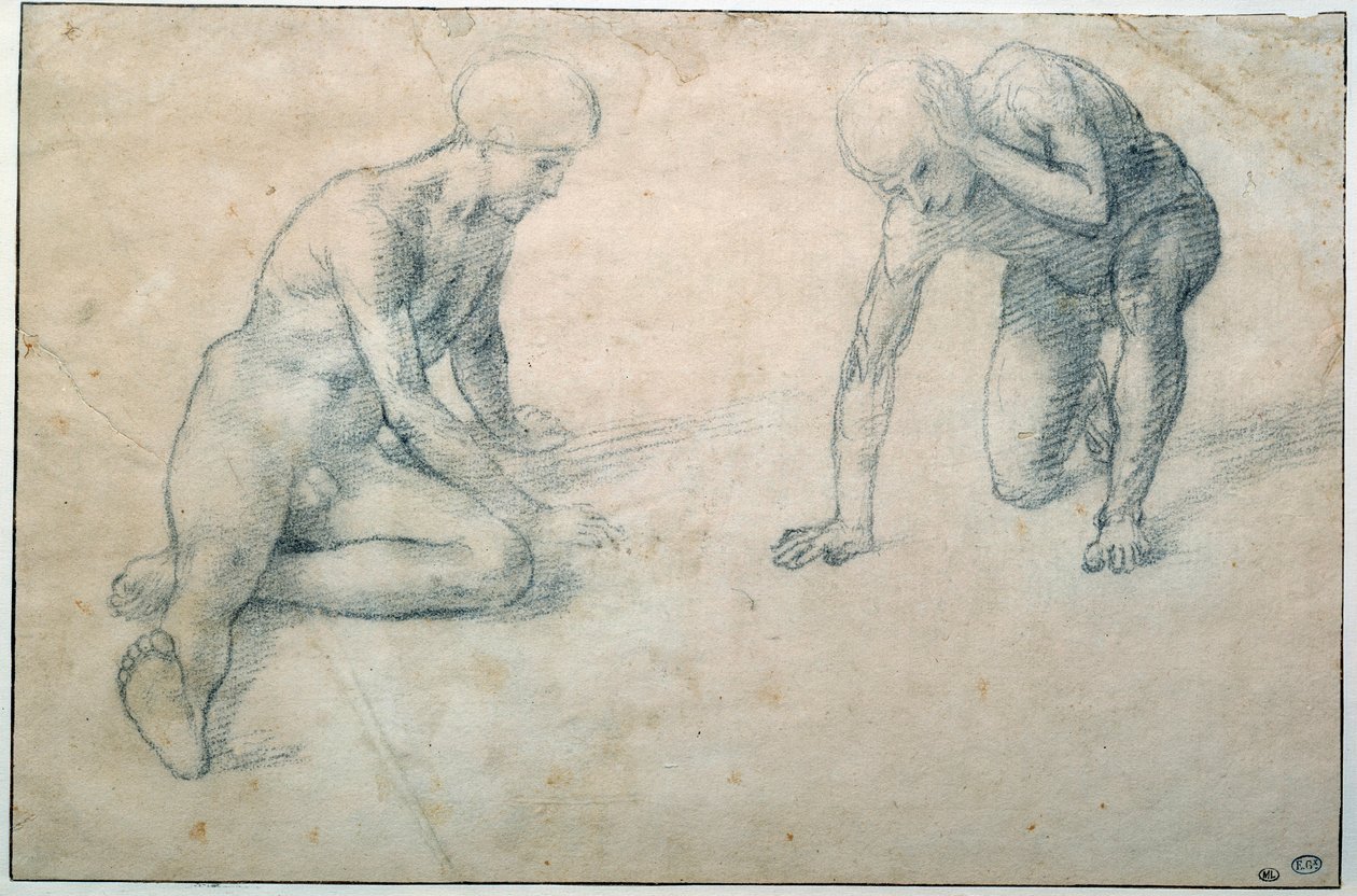 Két meztelen férfi guggolva Luca Signorelli rajza (1441-1523) 15. századi nap. 0,31x0,7 m Párizs, Musee du Louvre alkotó: Luca Signorelli