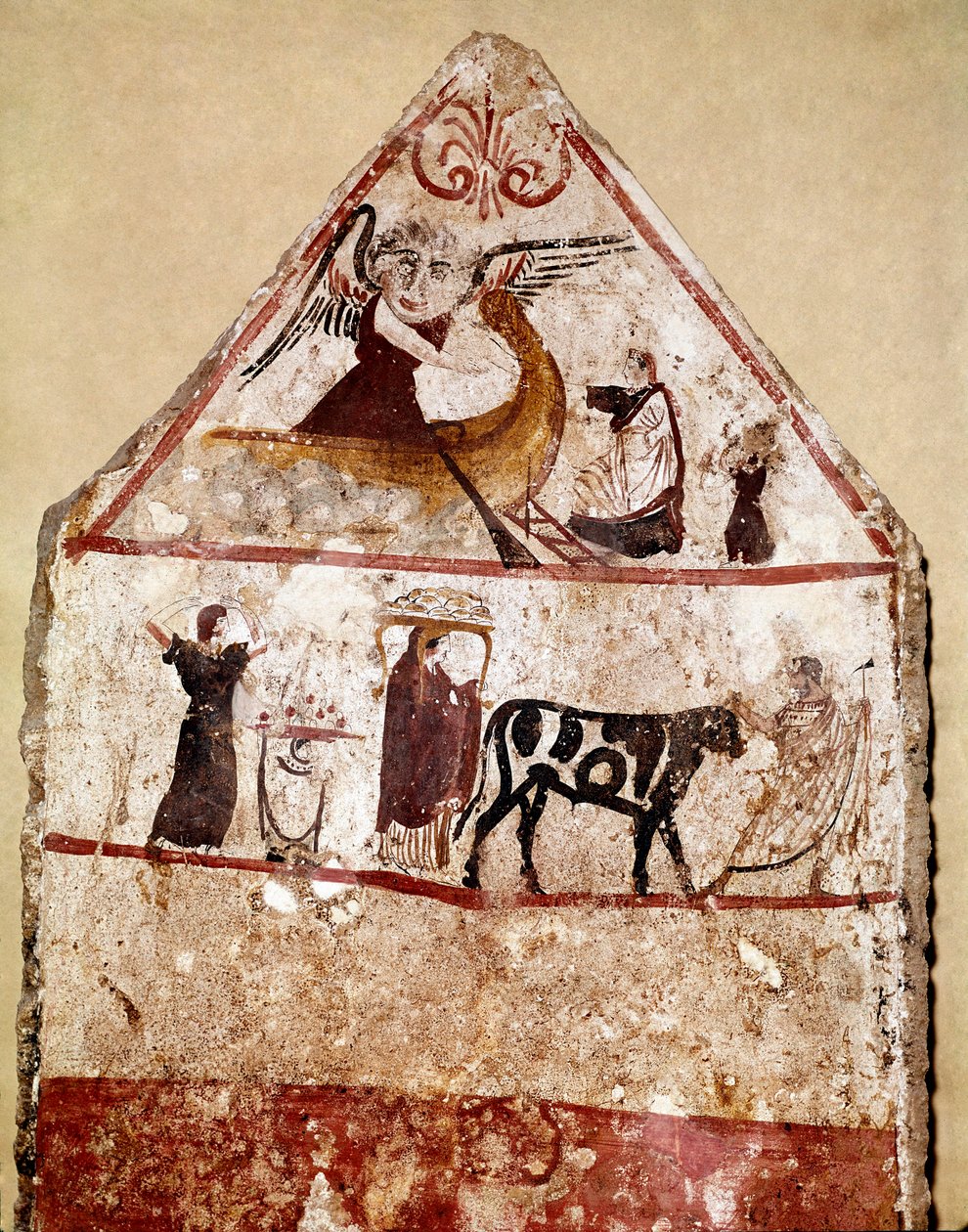Egy bika vezet az áldozati oltáron Lucanian freskó a Kr.e. IV. századból, az olaszországi Paestumban található Andriuolo nekropoliszából. Museo nazionale archeologico, Paestum alkotó: Lucanian School