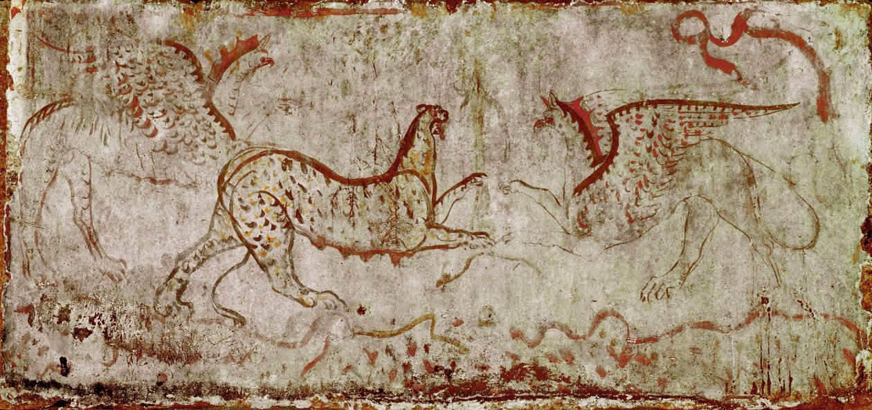 Harc egy párduc és egy griff lucanai freskó között a Kr.e. 4. századból, a Lovas sírjából, Paestum nekropolisza, Olaszország. Museo nazionale archeologico, Paestum alkotó: Lucanian School