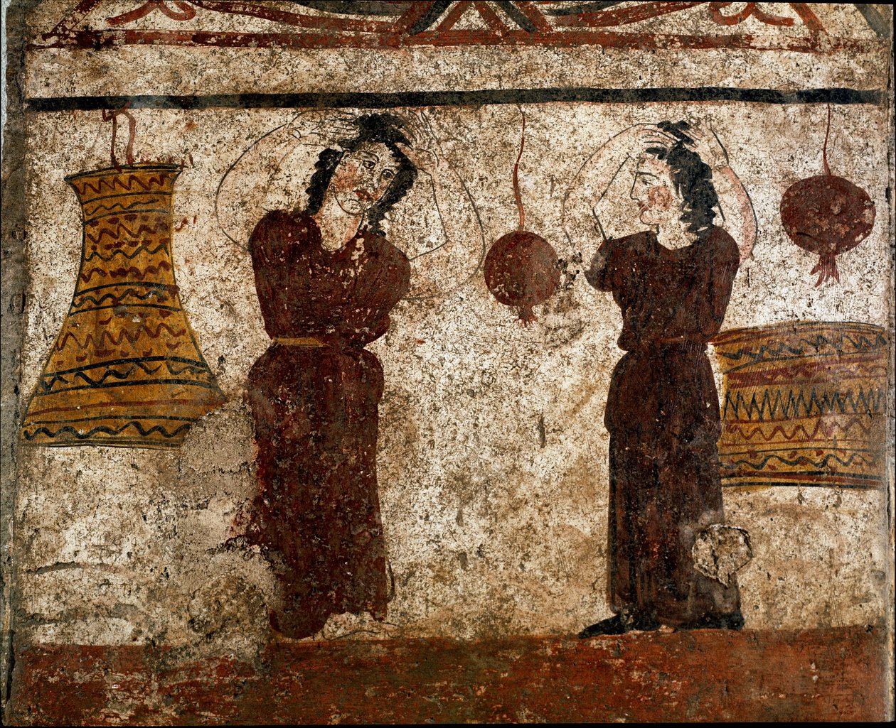 Táncosok csoportja egy temetési szertartás során. Lucaniai freskó a Kr.e. 4. századból, Paestum nekropoliszából, Olaszországból. Museo nazionale archeologico, Paestum alkotó: Lucanian School