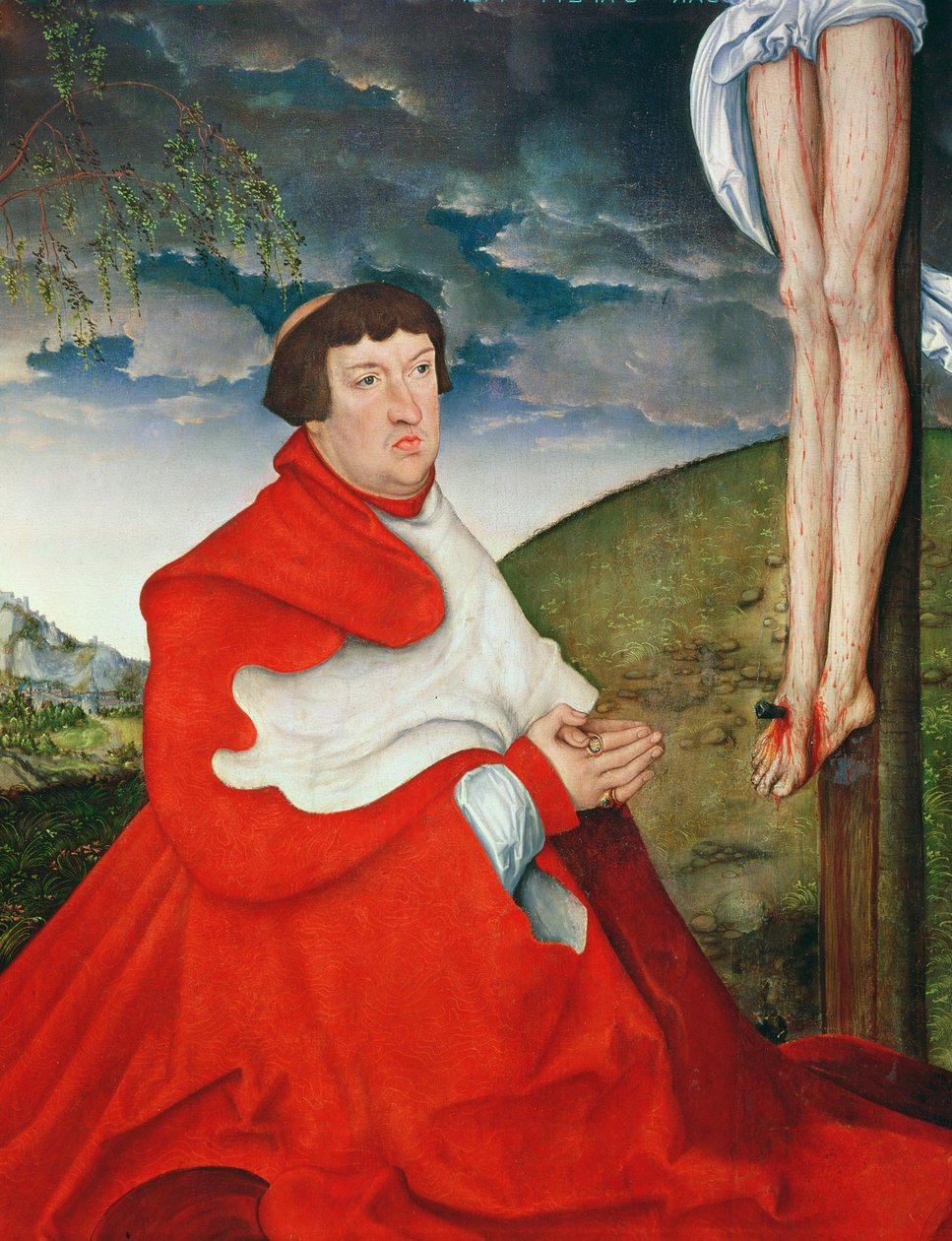 Albert, Mainz bíboros választófejedelme a kereszt lábánál (244970 részlet) alkotó: Lucas Cranach the Elder