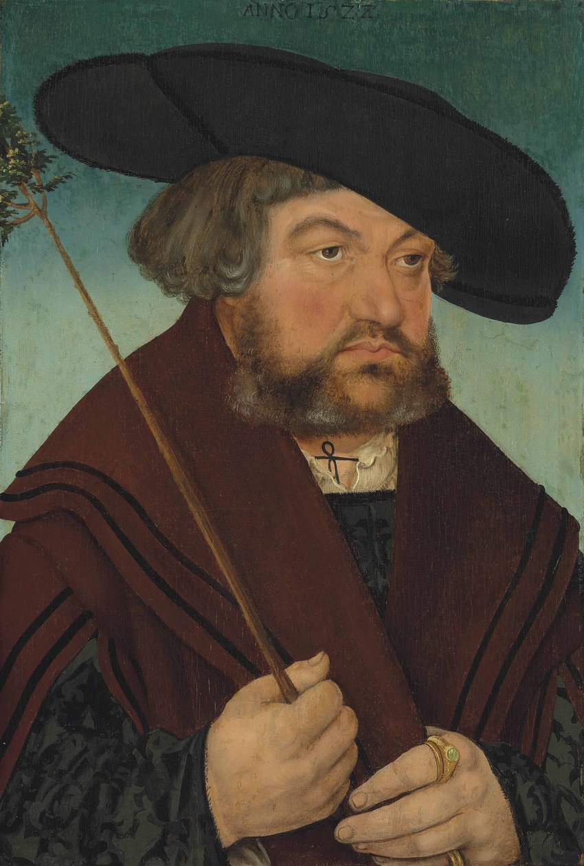 Egy fekete dublettben és barna köpenyben, ágat tartó férfi portréja alkotó: Lucas Cranach the Elder