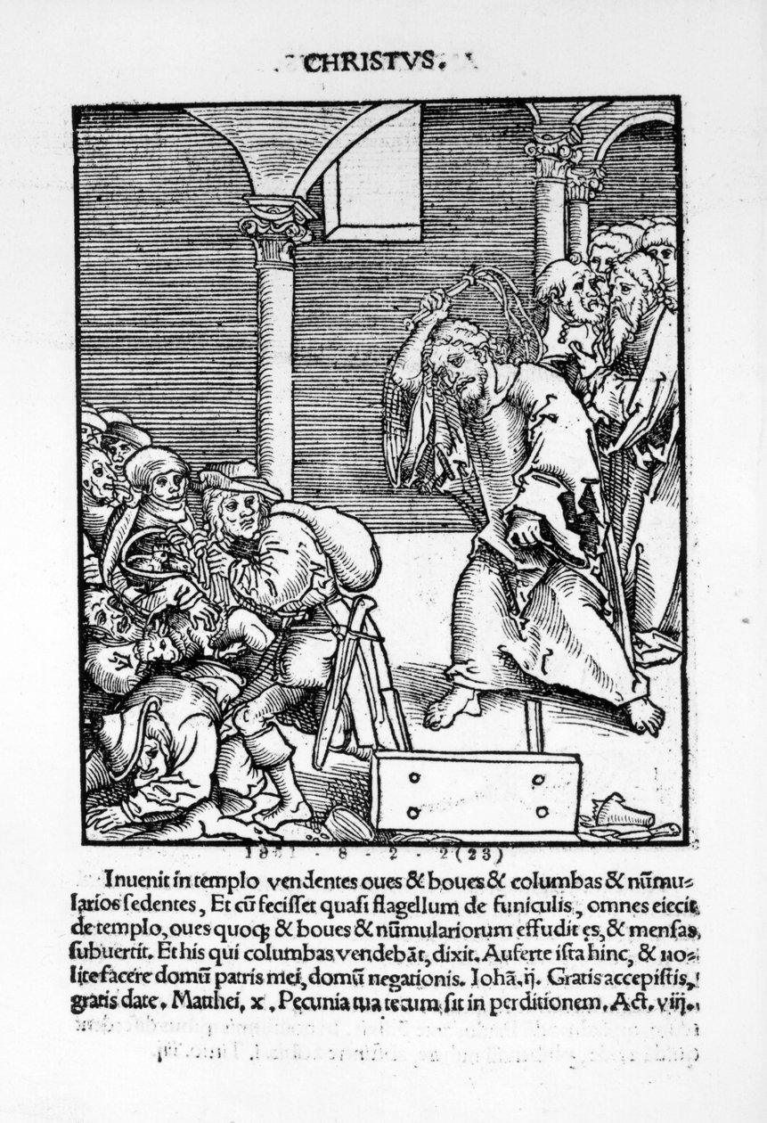 Krisztus kiűzi a kereskedőket és a pénzkölcsönzőket a templomból Philipp Melanchthon „Passional Christi und Antichristi” című könyvéből, amely 1521-ben jelent meg alkotó: Lucas Cranach the Elder