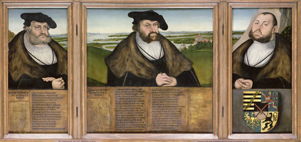 Szász választófejedelmek: Bölcs Friedrich (1482-1556), Johann, az Állhatatos Johann (1468-1532) és Johann Friedrich, a Nagyképű (1503-54) 1532 alkotó: Lucas Cranach the Elder