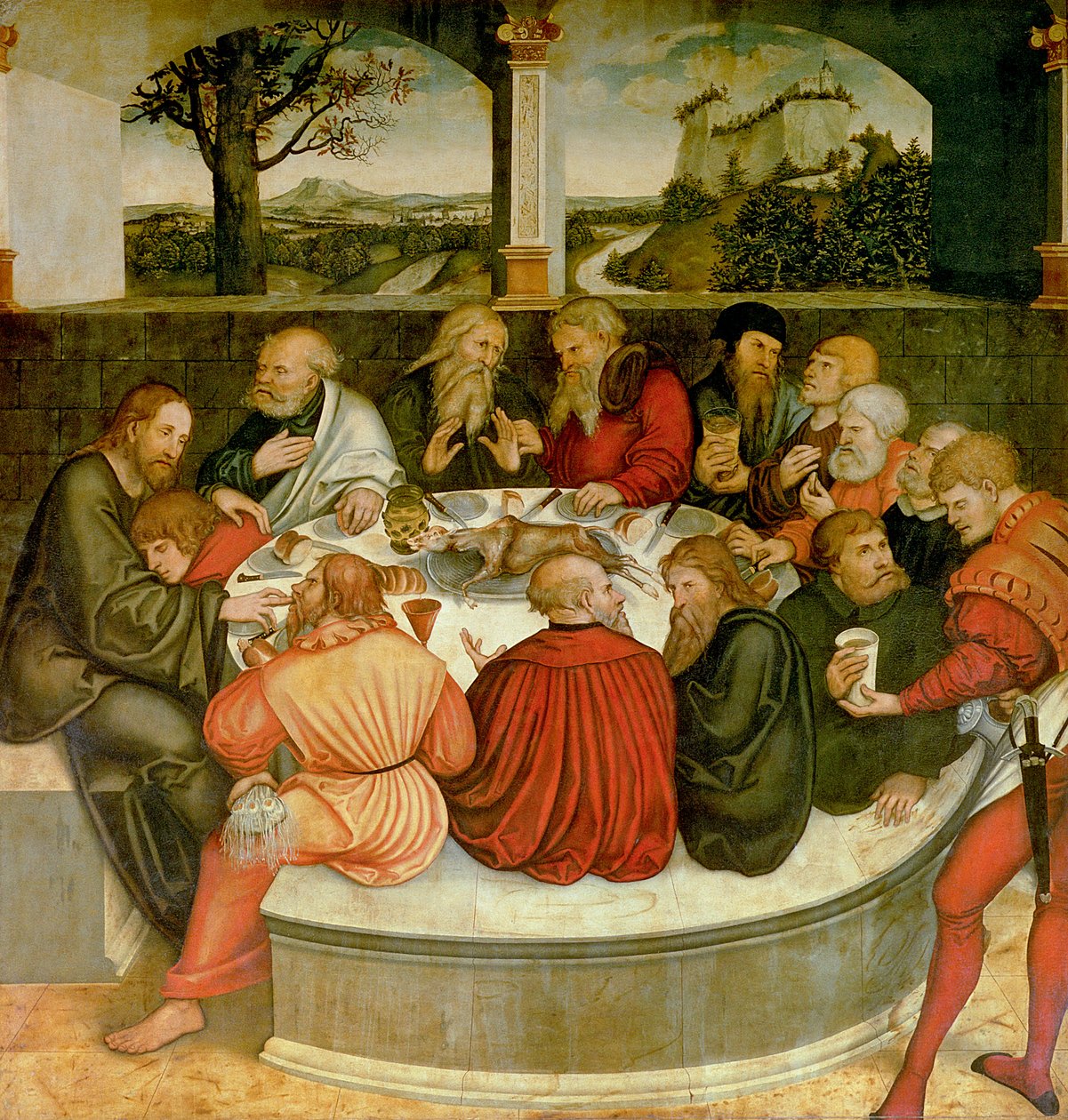 Triptichon, bal oldali panel, Philipp Melanchthon keresztséget végez Luther Márton segítségével; középső panel, az utolsó vacsora Lutherrel az apostolok között; jobb oldali tábla, Luther vallomást tesz; Luther alkotó: Lucas Cranach the Elder