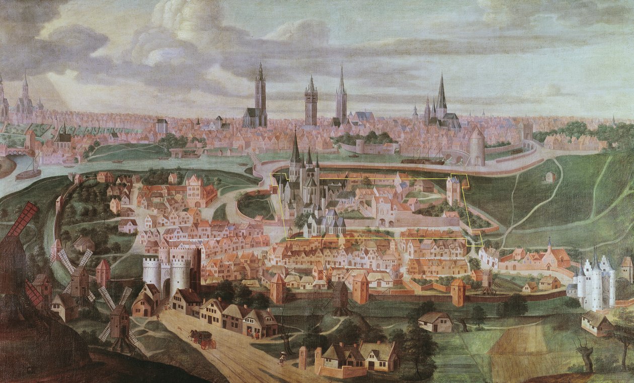 Panorámás kilátás Gent városára a 16. század végén alkotó: Lucas de Heere