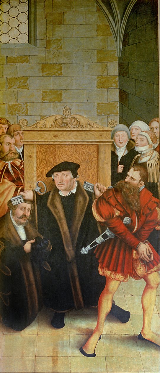 Triptichon, bal oldali panel, Philipp Melanchthon keresztséget végez Luther Márton segítségével; középső panel, az utolsó vacsora Lutherrel az apostolok között; jobb oldali tábla, Luther vallomást tesz; Luther alkotó: Lucas Cranach the Elder