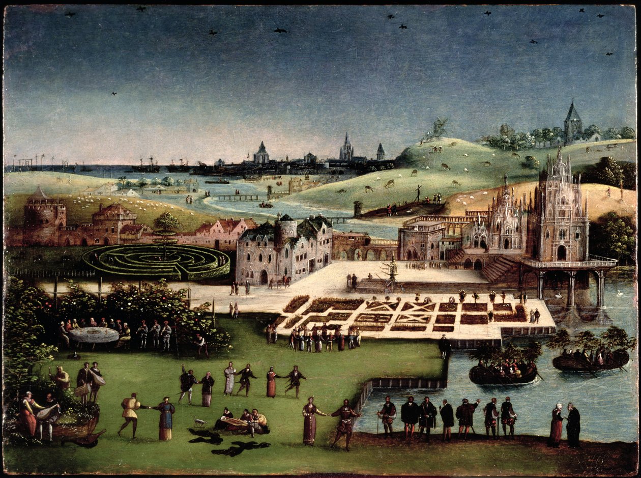 Panorámás táj a szerelem kertjével alkotó: Lucas van Gassel