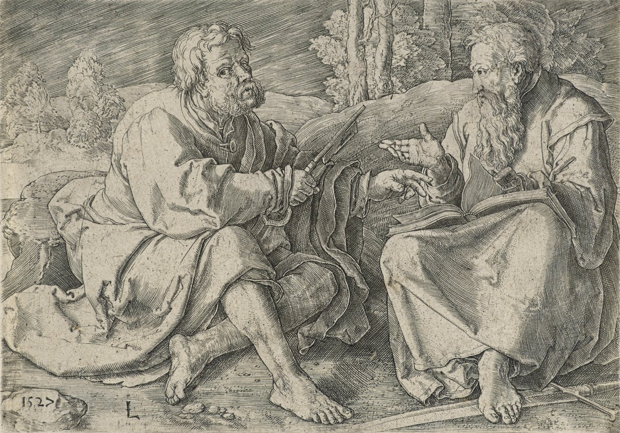 Szent Péter és Szent Pál a tájban, 1527 körül (metszet fektetett papírra) alkotó: Lucas van Leyden