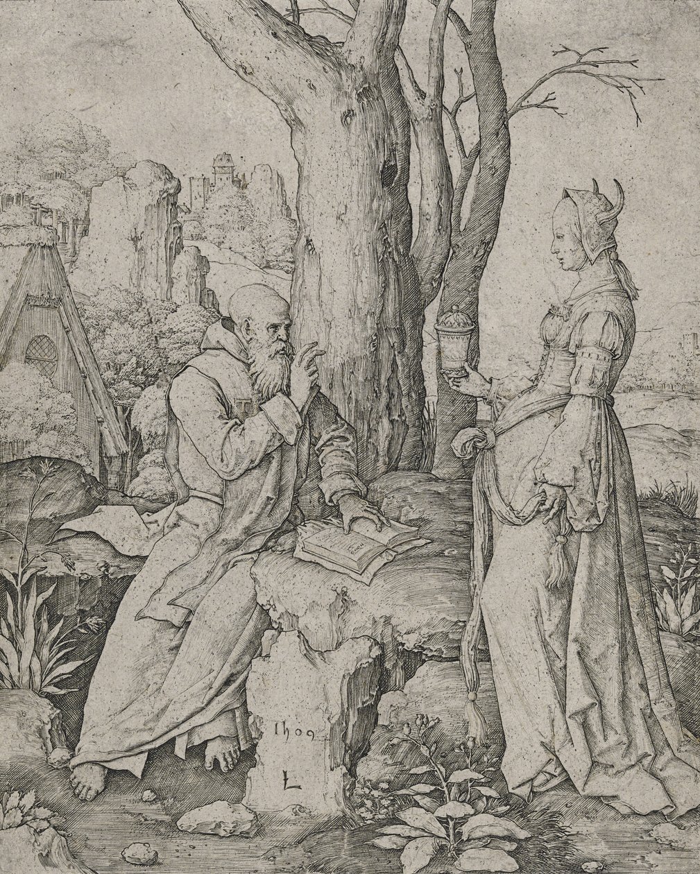 Szent Antal megkísértése, 1509 (metszet fektetett papírra) alkotó: Lucas van Leyden