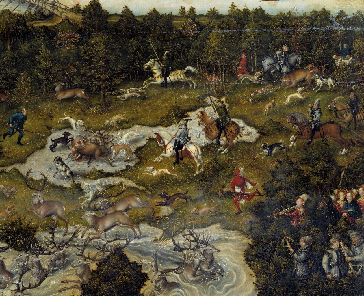 Vadászat V. Károly tiszteletére a németországi Torgau kastélyban Szarvasvadászat. Részlet. Idősebb Lucas Cranach festménye alkotó: Lucas Cranach