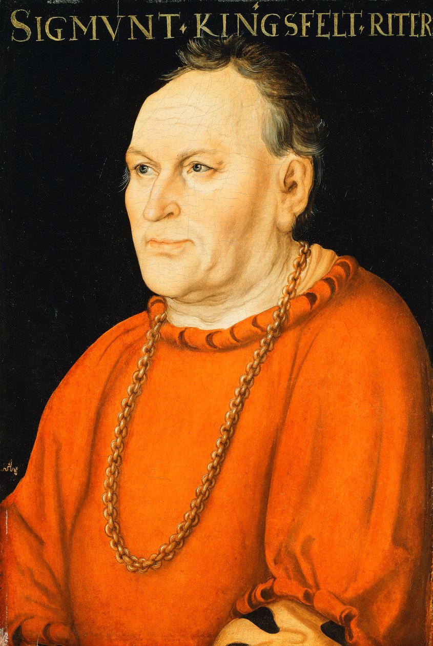 Sigmunt Kingsfelt portréja, félalakos, vörös jelmezt viselő, alkotó: Lucas Cranach