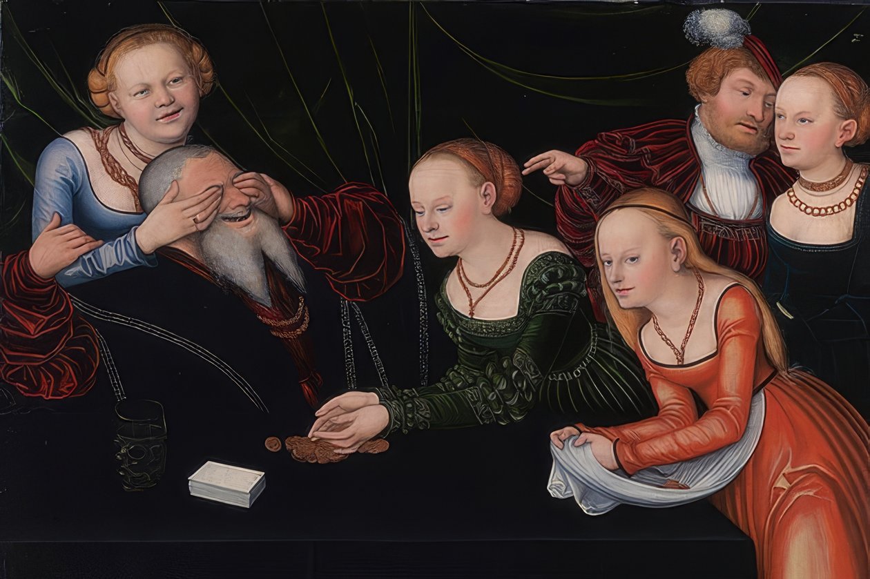 Az udvarhölgyek által megbabonázott öregember. 1537 körül alkotó: Lucas Cranach the Elder