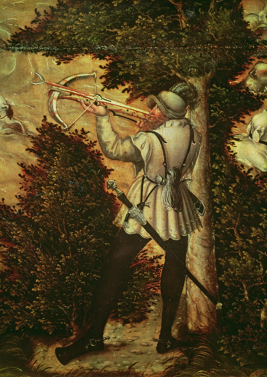 Célzó számszeríjász, „Vadászat V. Károly tiszteletére a Hartenfels-kastély közelében, Torgau” részlete, 1544 alkotó: Lucas Cranach the Elder