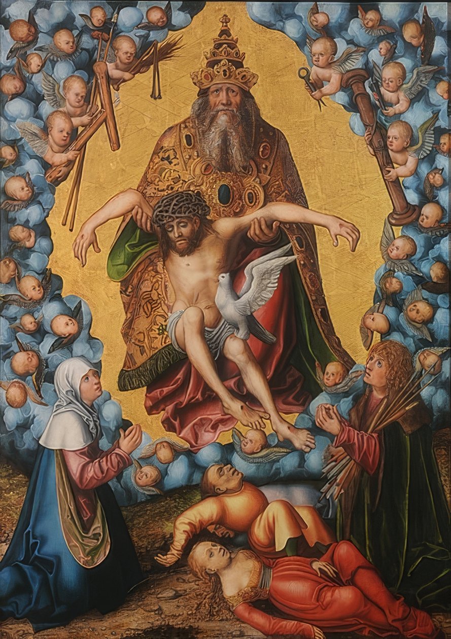 A Szentháromság, amelyet Maria és Sebastian tisztelnek. 1515 körül alkotó: Lucas Cranach the Elder