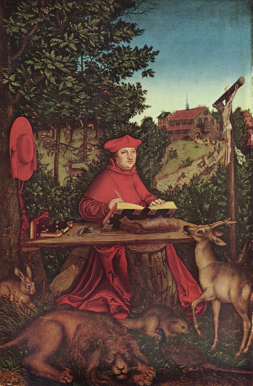 Németül: Albrecht von Brandenburg bíboros (1490-1545) mint Heiliger Hieronymus Albrecht brandenburgi bíboros (1490-1545) mint Szent Jeromos alkotó: Lucas Cranach the Elder