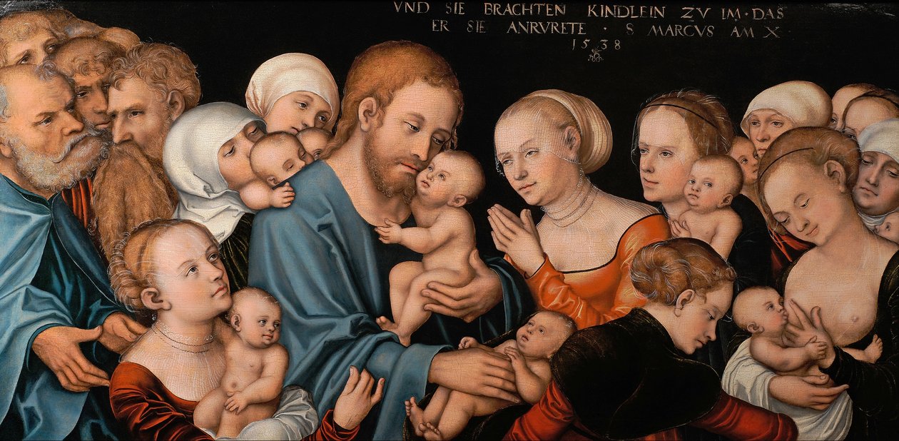 Német: Lasset die Kindlein zu mir kommen (Christus segnet die Kinder) Suffer the Little Children to Come unto Me (Krisztus megáldja a gyermekeket) alkotó: Lucas Cranach the Elder