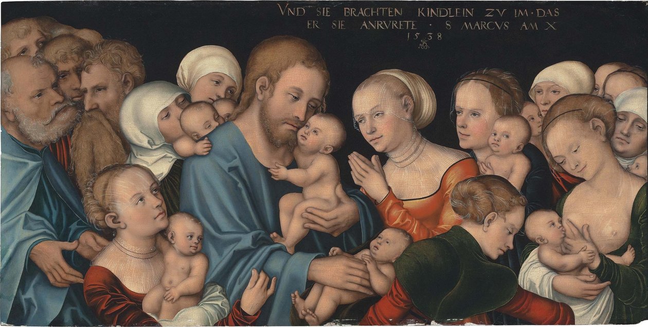 Német: Lasset die Kindlein zu mir kommen (Christus segnet die Kinder) Suffer the Little Children to Come unto Me (Krisztus megáldja a gyermekeket) alkotó: Lucas Cranach the Elder