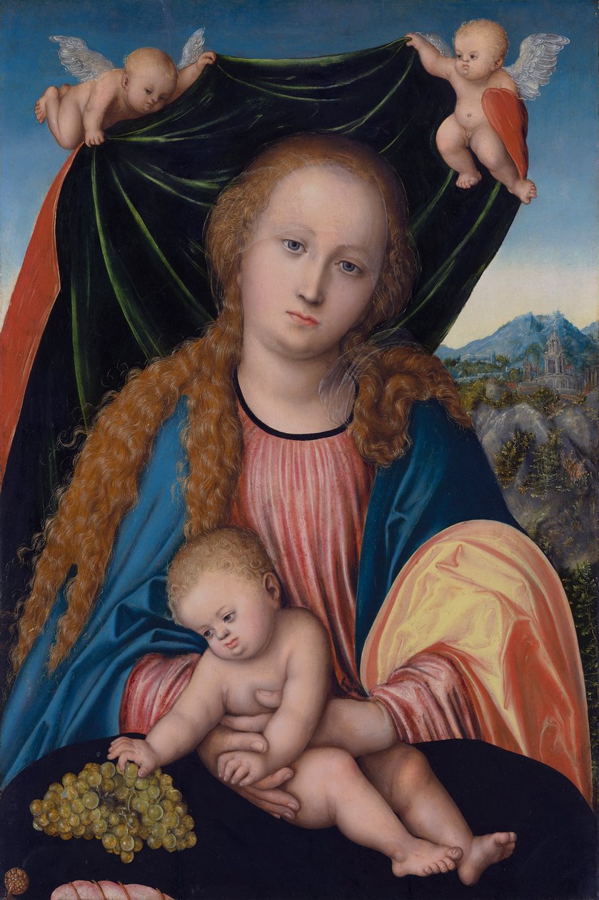 Német: Madonna gyermekkel és szőlővel, Két angyal tart egy függönyt Szűz és gyermeke alkotó: Lucas Cranach the Elder