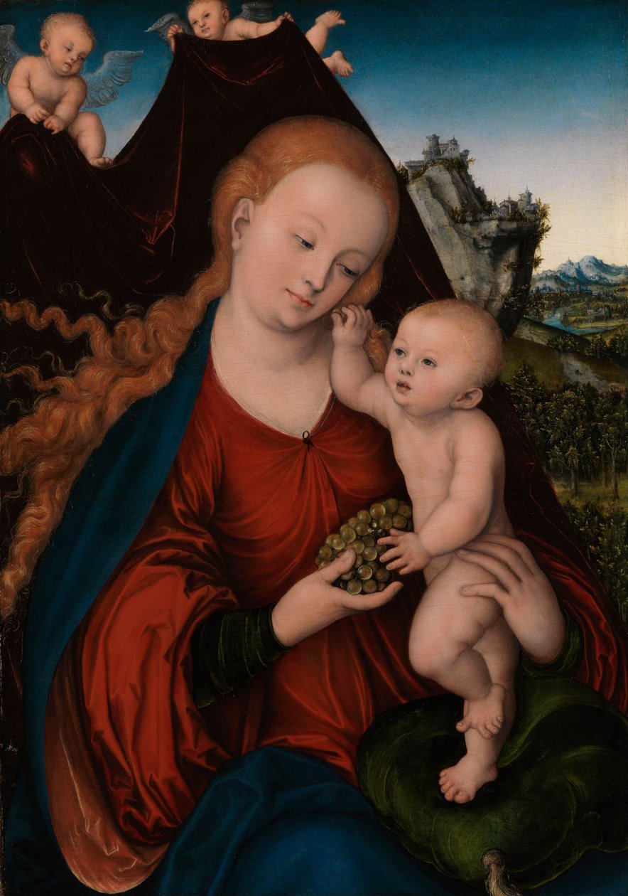 Német: Maria mit dem Kind und der Weintraube Madonna és gyermeke szőlővel alkotó: Lucas Cranach the Elder
