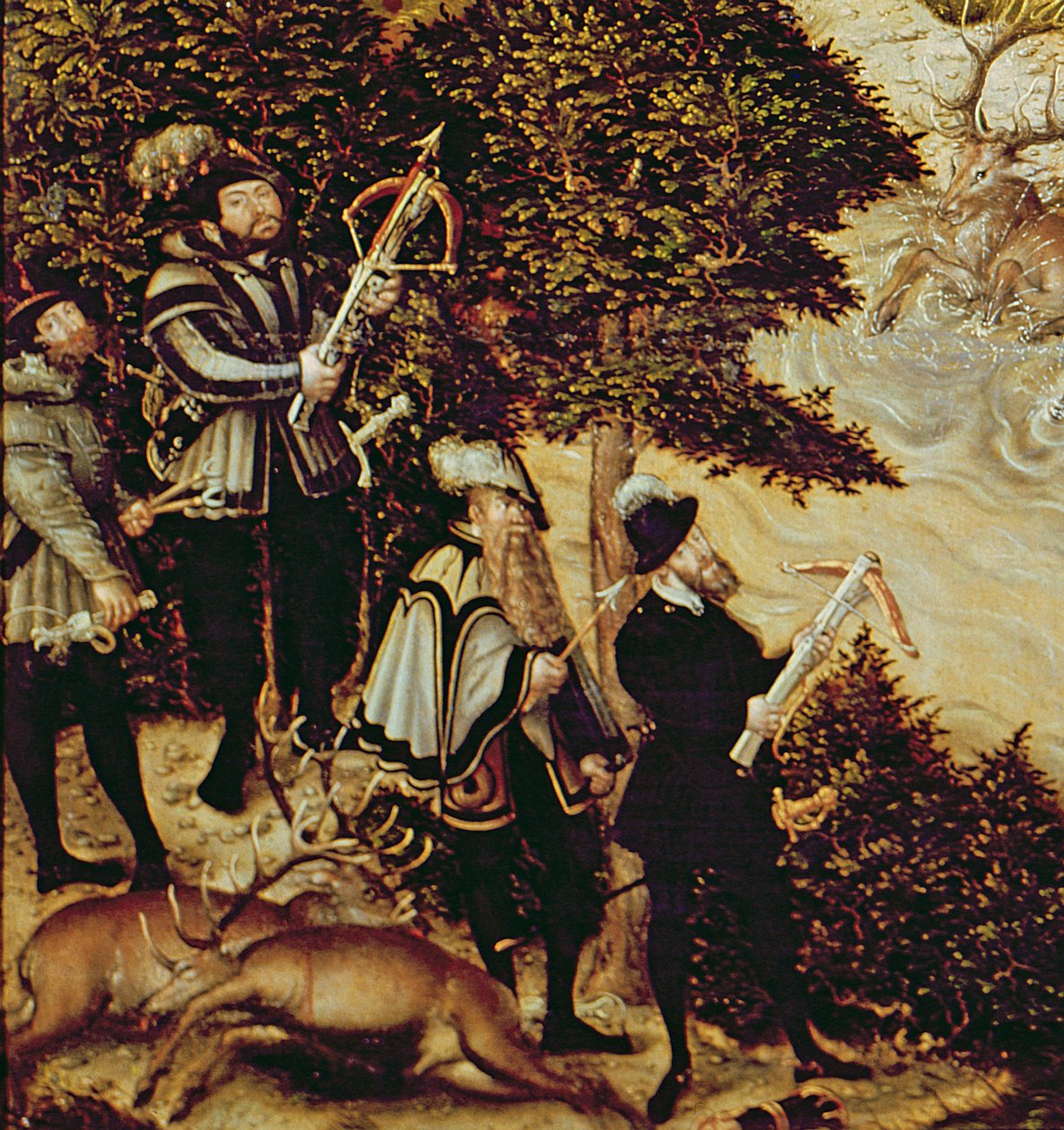Nagyképű Johann Friedrich, Szászország választófejedelme és V. Károly császár szarvasra vadászik a Hartenfels-kastély közelében, Torgauban, 1544 (38682 részlet) alkotó: Lucas Cranach the Elder