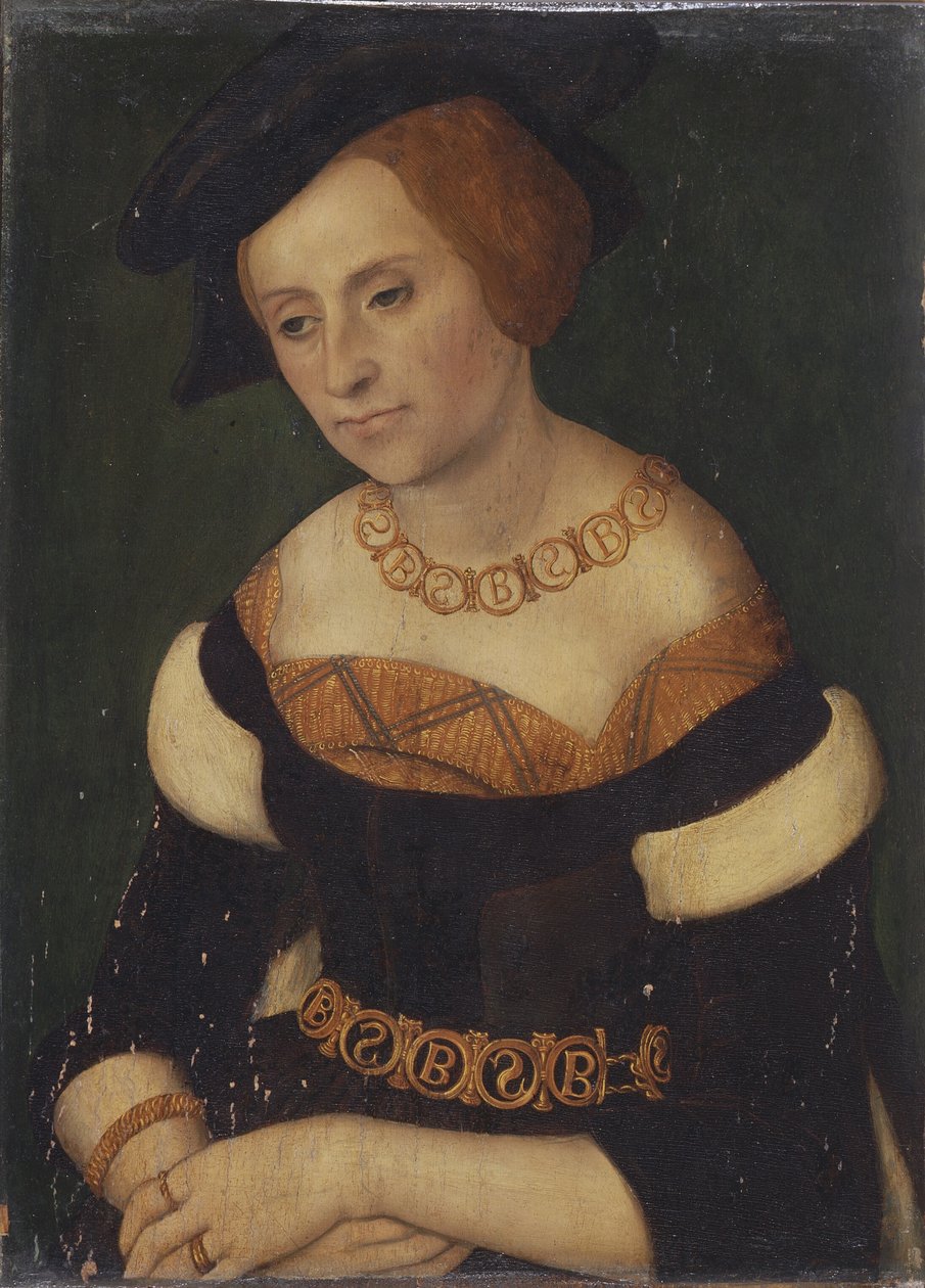 Zápolya Barbara (1495-1515) lengyel királyné portréja nyaklánccal és övvel, Bamp;S (Barbara et Sigismundus) monogrammal. alkotó: Lucas Cranach the Elder