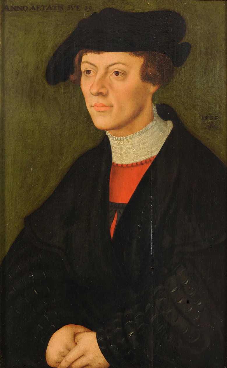 Egy 19 éves, fekete ruhás fiatal férfi portréja alkotó: Lucas Cranach the Elder