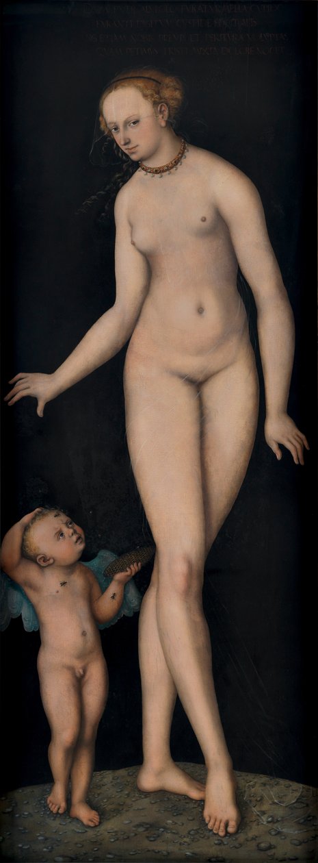 Vénusz Ámor méztolvajként fekete háttér előtt alkotó: Lucas Cranach the Elder