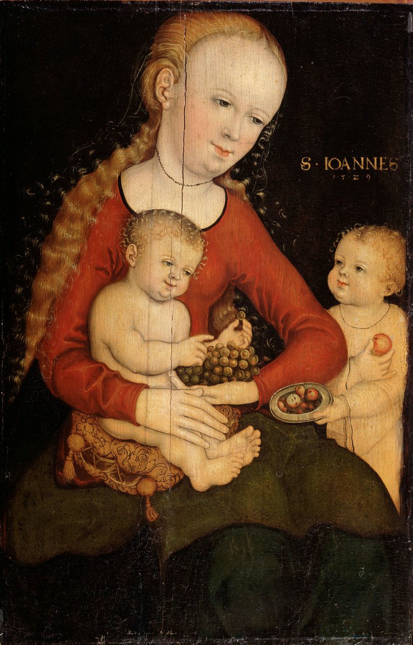Szűz és gyermek Keresztelő Jánossal fiúként”. alkotó: Lucas Cranach the Elder