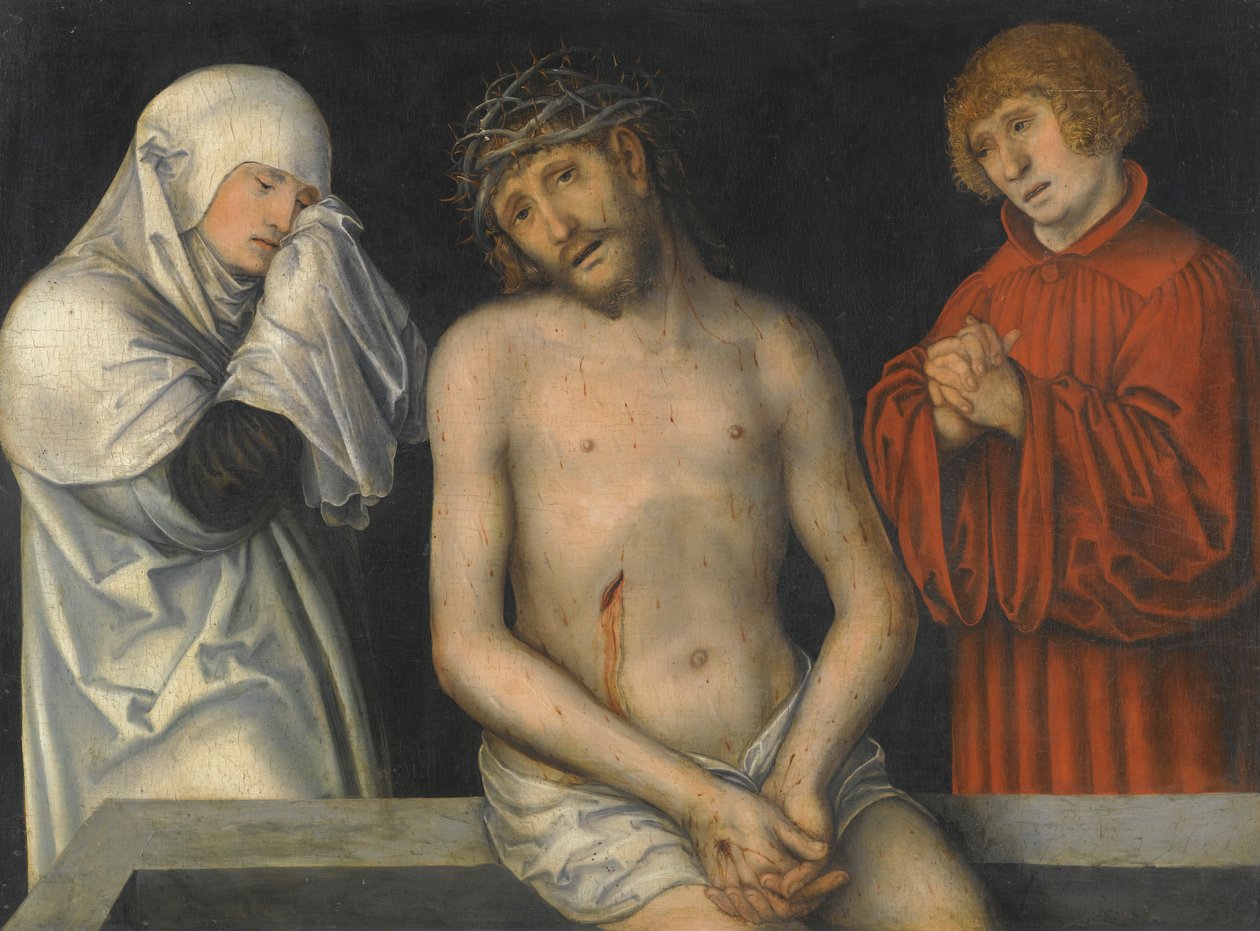 Német: Der Schmerzensmann zwischen Maria und Johannes Fájdalmas ember a Szűzanyával és Szent Jánossal az oldalán. alkotó: Lucas Cranach the Younger