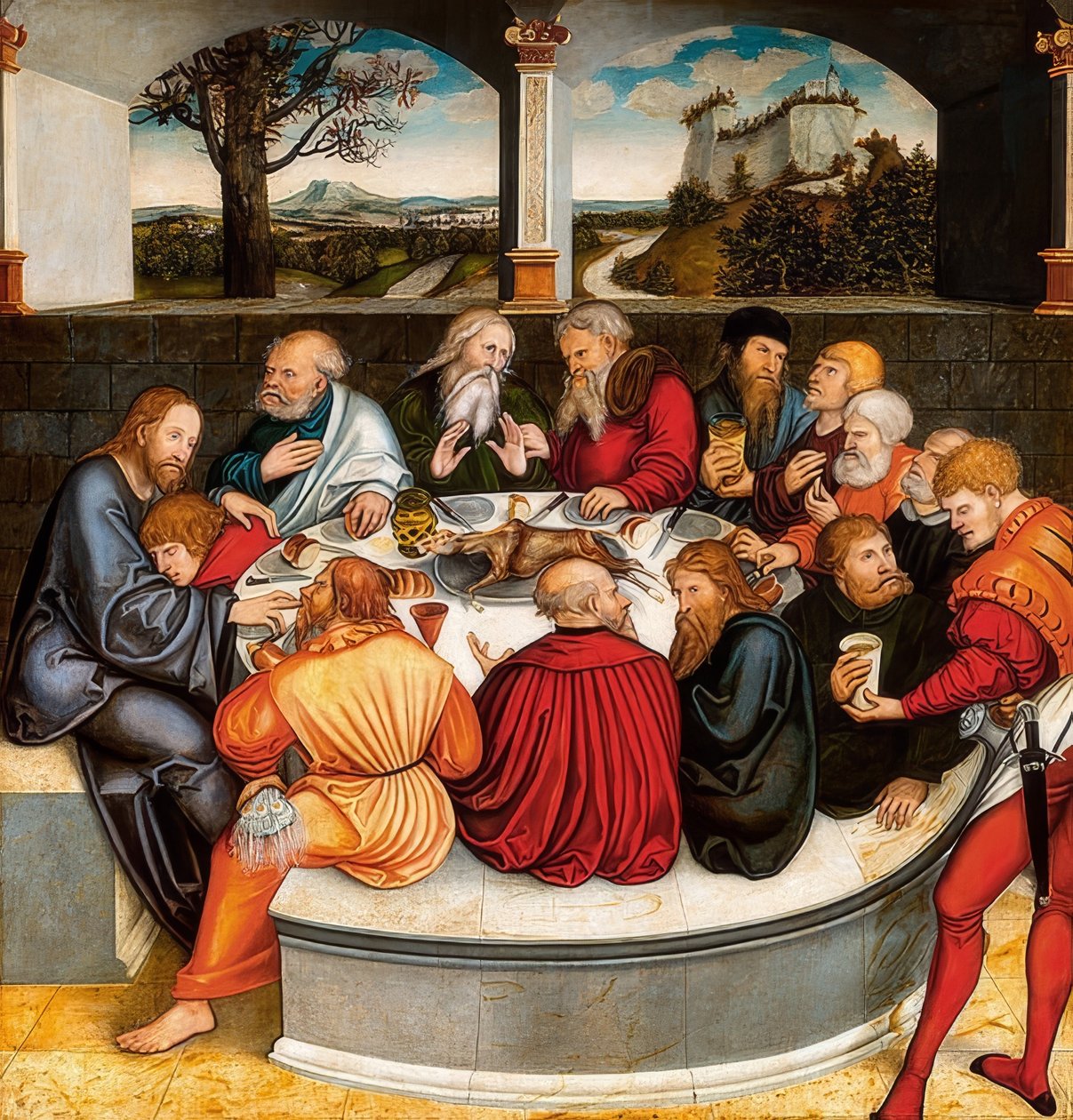Reformációs oltár, elülső középső tábla: Luther Márton az apostolok között az úrvacsorán. 1546/47 alkotó: Lucas Cranach the Younger