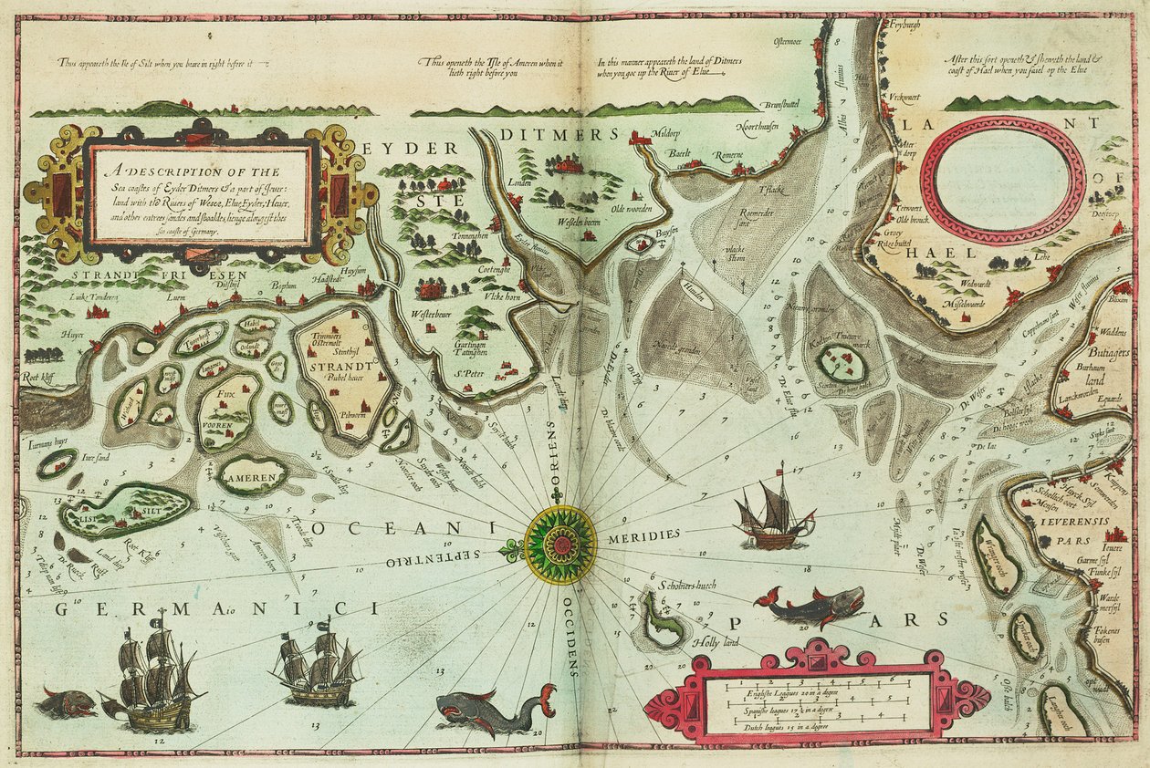 Eyder Ditmers és Jeverland egy részének tengeri partjainak leírása a Weser, Elve, Eyder, Hever folyókkal és egyéb entrees sandes és shoaldes, lienge alongest the sea coaste of Germany. alkotó: Lucas Janszoon Waghenaer