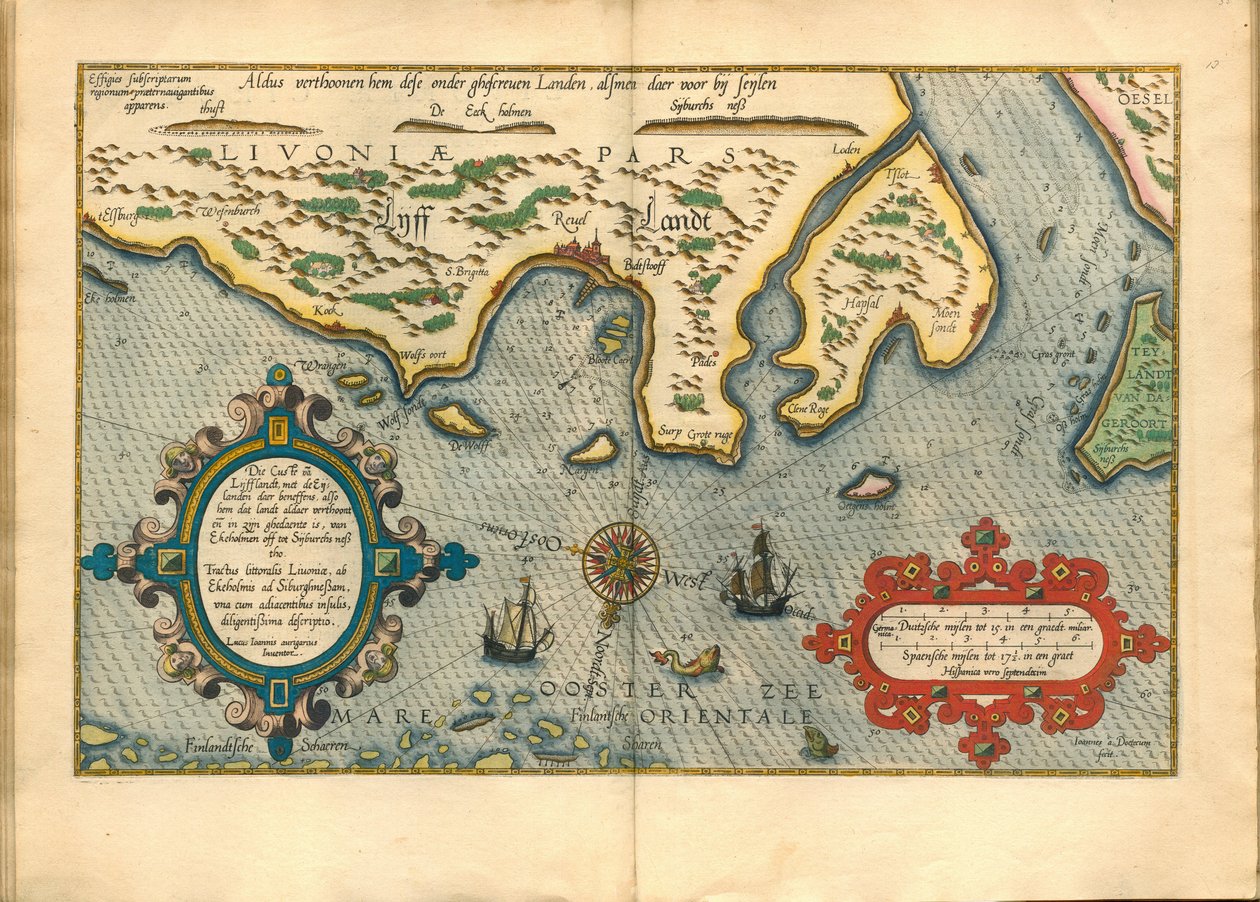 Livonie (Nord de la Lituanie actuelle) - Livónia térképe (Die custe va Lijfflandt az eijlanden daer beneffens-szel...) - Waghenaer, Lucas Jansz. (1533/34-1606) - 1586 - Rézmetszet, akvarell - Magángyűjtemény alkotó: Lucas Janszoon Waghenaer