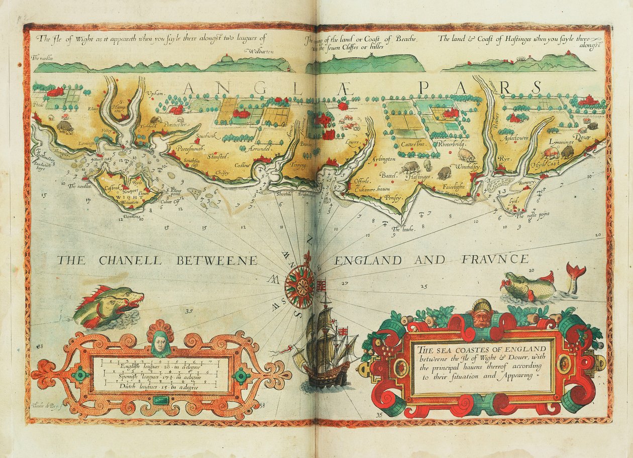 Anglia tengeri partjai a Wight-sziget és Dover között, a fő kikötőkkel, helyzetük és megjelenésük szerint, 1588 körül (térkép) alkotó: Lucas Janszoon Waghenaer