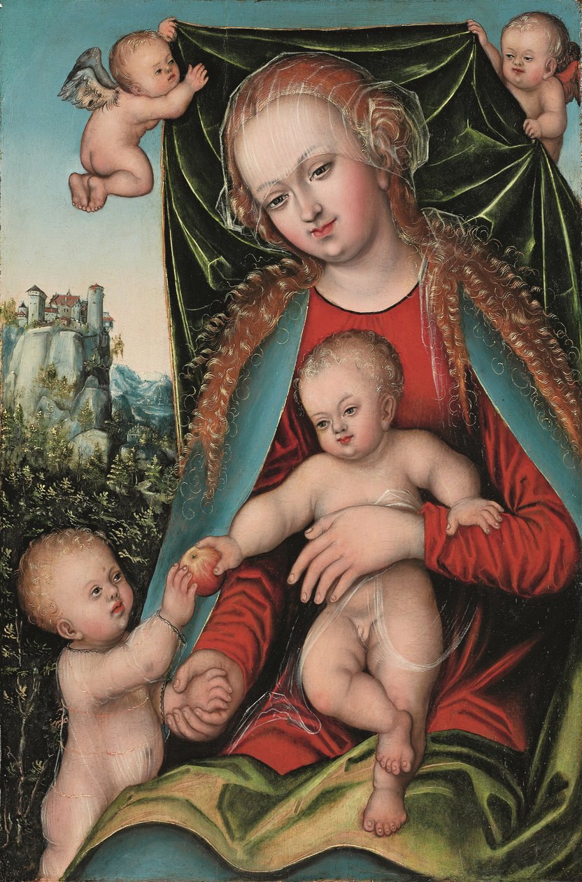A Szent Szűz és Gyermek Keresztelő Szent János csecsemővel és angyalokkal, erdei táj, mögötte egy sziklatetővel, 1512 körül (olaj, tábla) alkotó: Lucas The Elder (studio of) Cranach