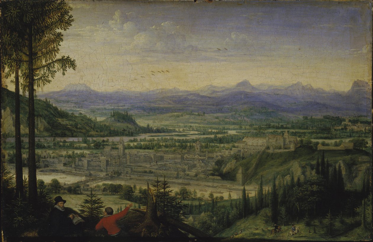 Linz látképe művész rajzával az előtérben, 1593. alkotó: Lucas Valckenborch van
