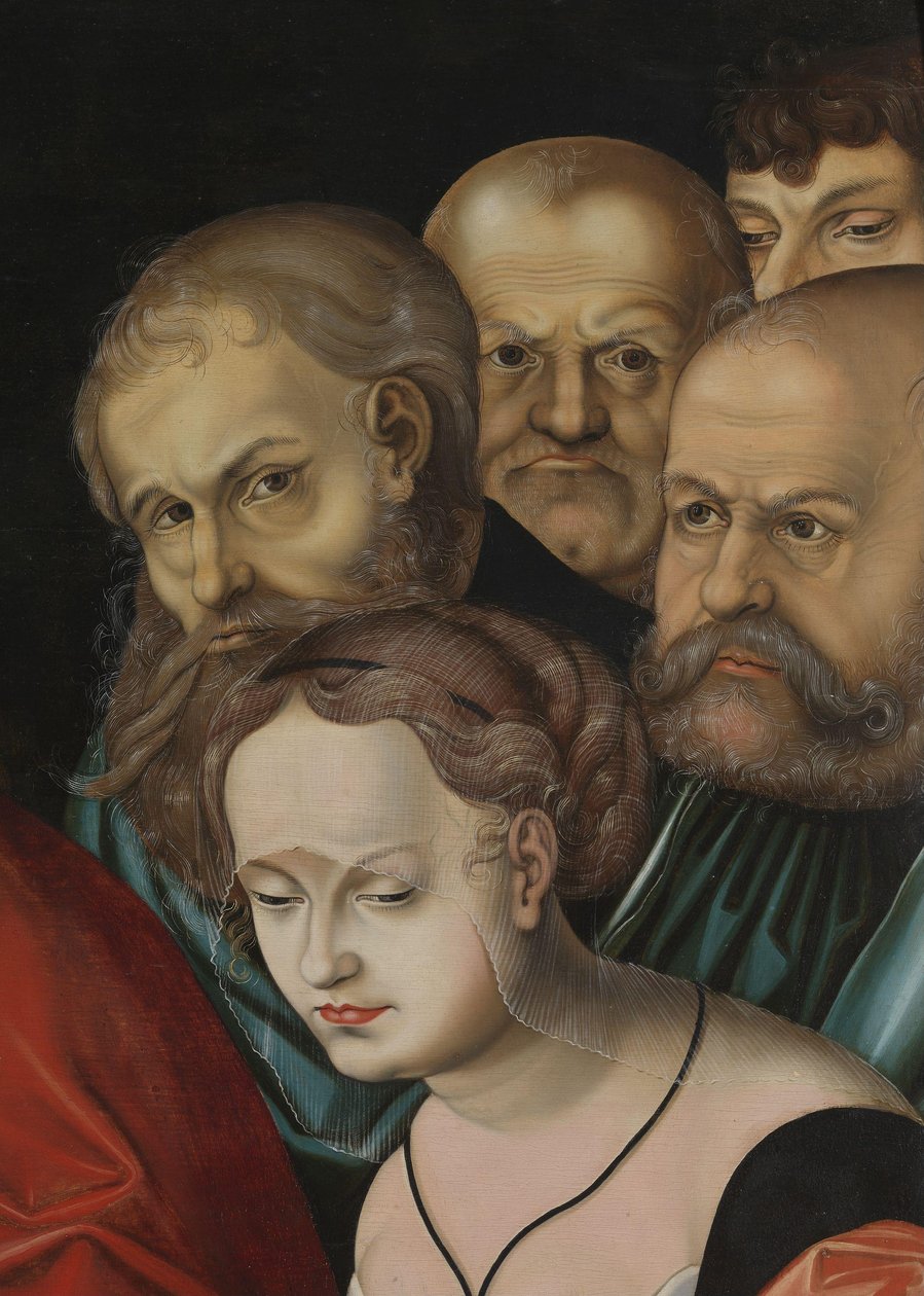 Krisztus és a házasságtörésben elhurcolt nő, részlet, 1700 körül (olaj, fa) alkotó: Lucas the Elder (after) Cranach