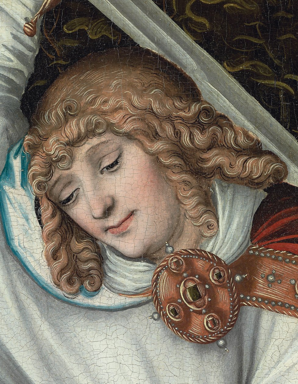 Mihály arkangyal az igazságosság mérlegét tartó kezében (részlet) (olaj a panelen) alkotó: Lucas the Elder (workshop of) Cranach