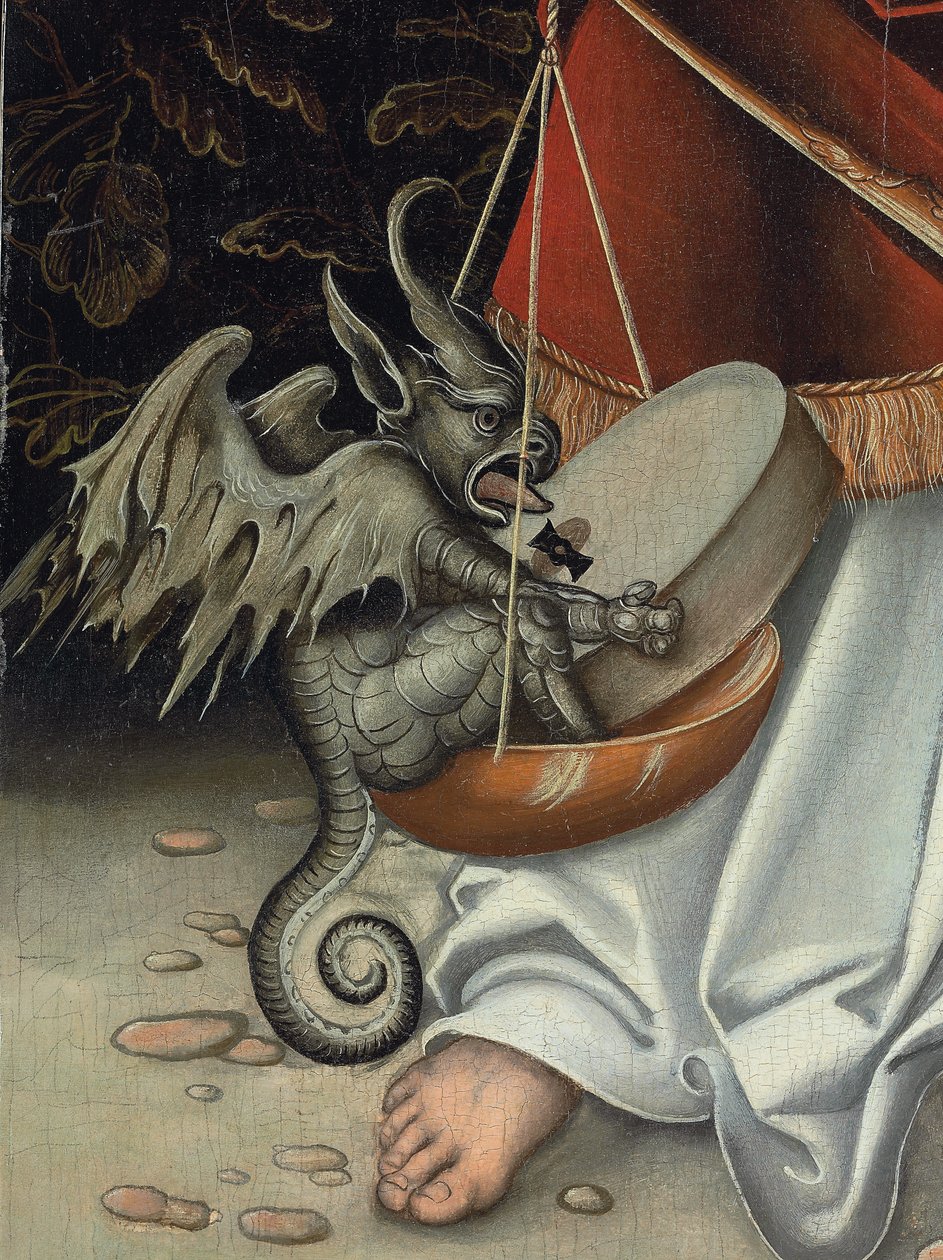 Mihály arkangyal az igazságosság mérlegét tartó kezében (részlet) (olaj a panelen) alkotó: Lucas the Elder (workshop of) Cranach