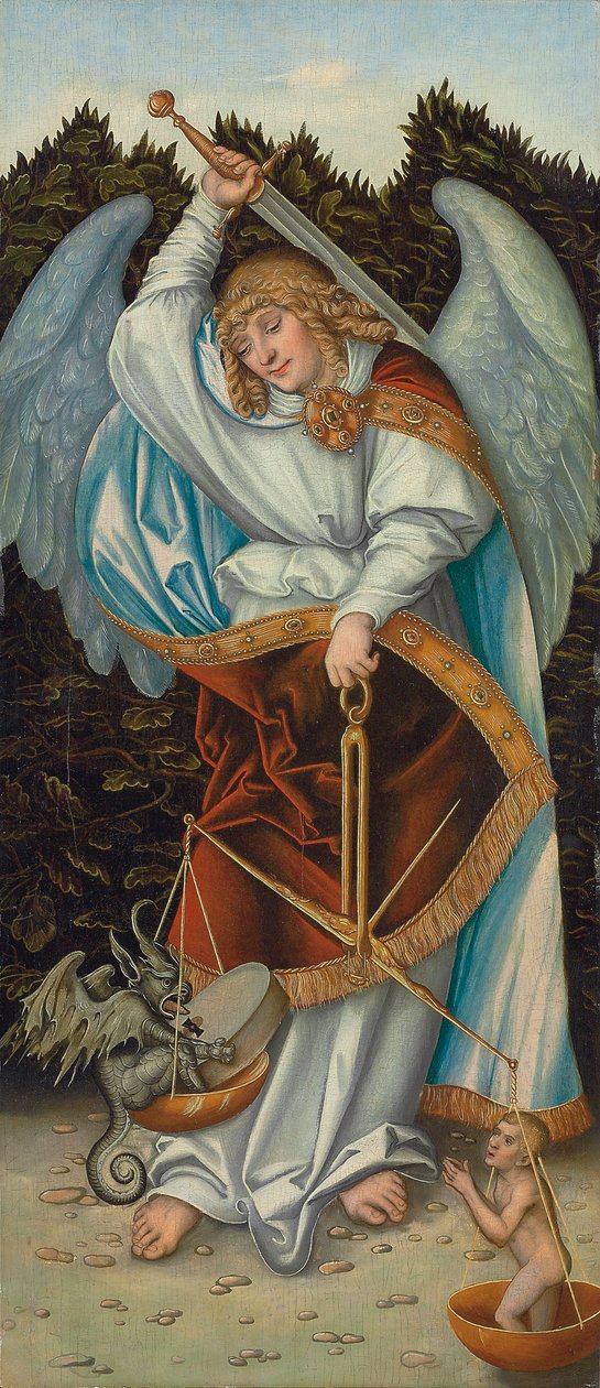 Mihály arkangyal az igazságosság mérlegét tartó kezében (olaj a táblán) alkotó: Lucas the Elder (workshop of) Cranach