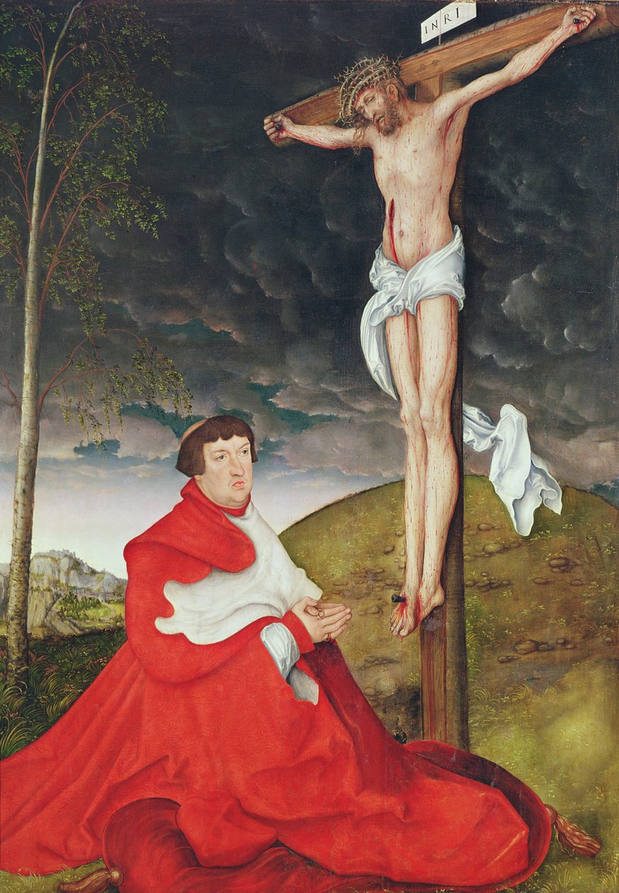 Albert, Mainz bíboros választófejedelme a kereszt lábánál (olaj a táblán) alkotó: Lucas the Elder Cranach
