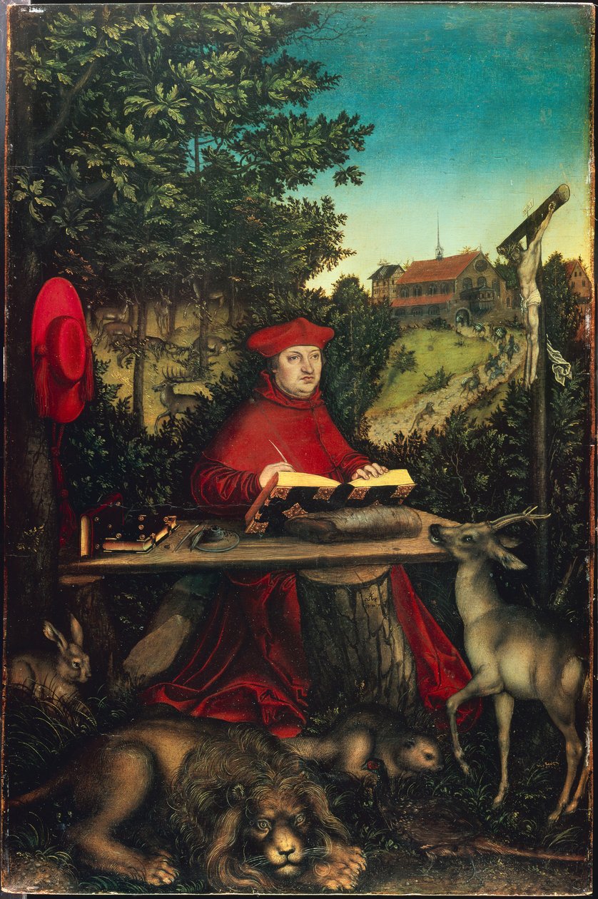 Brandenburgi Albrecht bíboros (1490-1545) Szent Jeromosként, Cranach, Lucas, az idősebb (1472-1553) által. Olaj, fa alkotó: Lucas the Elder Cranach