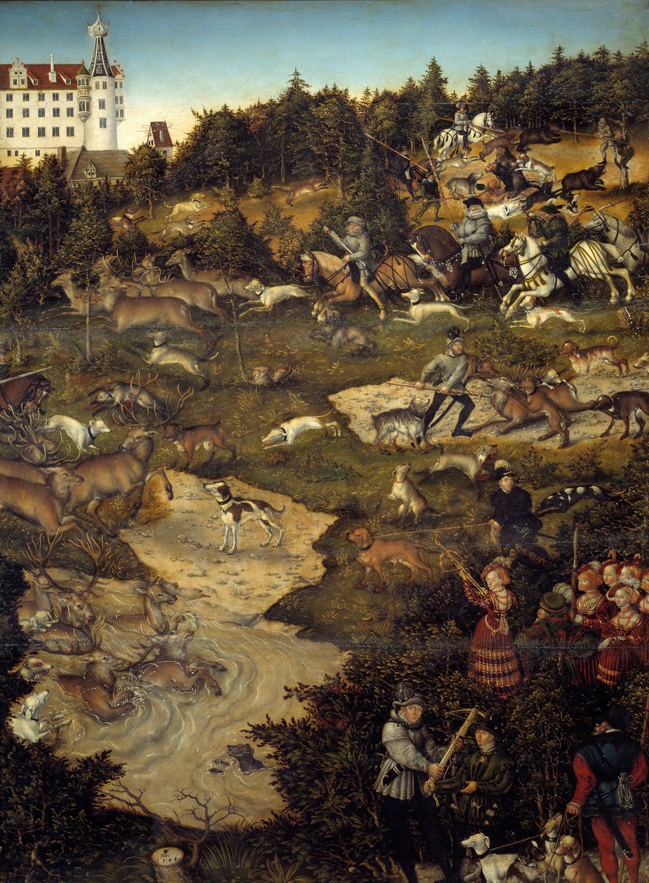Vadászat V. Károly tiszteletére a Torgau-kastélyban (Németország). Részlet. Lucas Cranach festménye (1472-1553) alkotó: Lucas the Elder Cranach