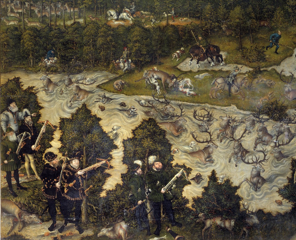 Vadászat V. Károly tiszteletére a németországi Torgau kastélyban A császár valószínűleg a baloldali képviselő. Részlet. Idősebb Lucas Cranach (1472-1553) festménye. 16. század. Madrid. Prado Múzeum alkotó: Lucas the Elder Cranach