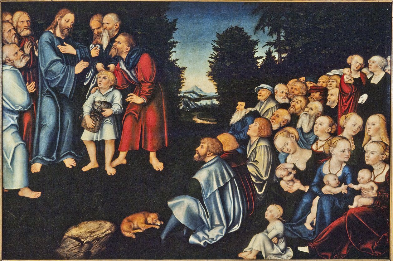 La multiplication des pains – Az öt kenyér és két hal csodája, Cranach, Lucas, az idősebb (1472-1553). Olaj, fa. Mérete: 82x120 cm. Nemzeti Múzeum Stockholm alkotó: Lucas the Elder Cranach