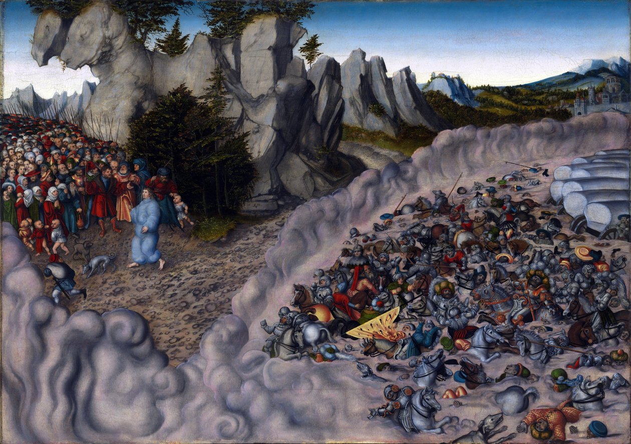 ""Izrael népének átkelése a Vörös-tengeren, a fáraó hadserege megfullad"" - A Vörös-tenger átkelése (a fáraó seregei elnyelték a Vörös-tengert) - Lucas Cranach, az idősebb (1472-1553) festménye - 1530 - Olaj, fa - 83,2x118,8 cm - Staatsgal alkotó: Lucas the Elder Cranach