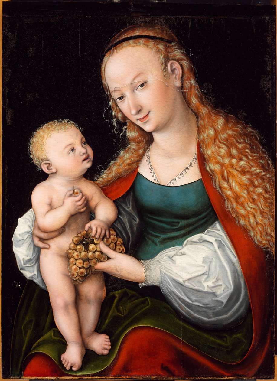 A szűz és a gyermek egy fürt szőlővel - A szűz és a gyermek egy fürt szőlővel, Cranach, Lucas, az idősebb (1472-1553). Olaj, fa, 1537 után. Méretek: 74,3 x 55,8 cm. Szepmuveszeti Múzeum, Budapest alkotó: Lucas the Elder Cranach