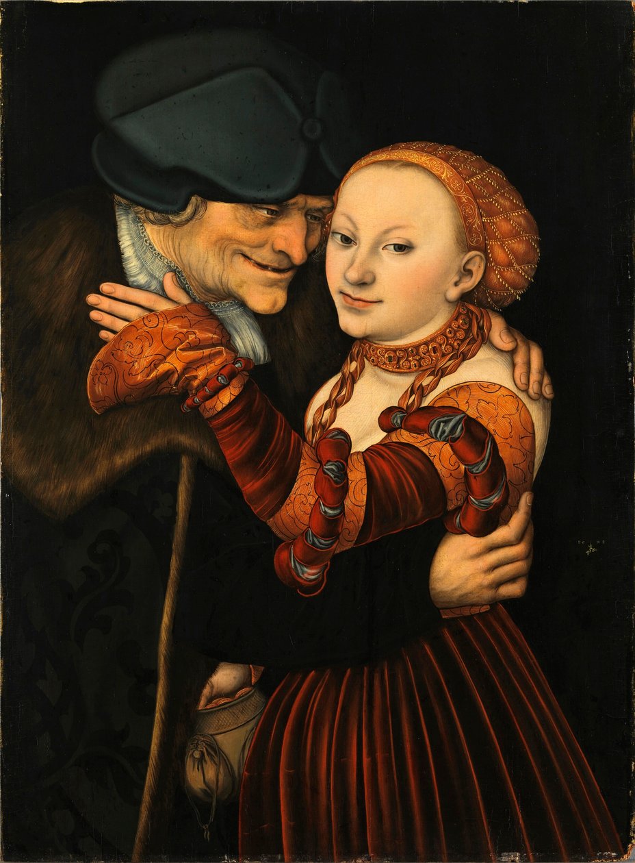 ""A rosszul illő pár"" (Az egyenlőtlen pár) Idősebb Lucas Cranach (1472-1553) festménye 1528 - Olaj, fa - Mérete 77x57 cm Fraenkische Galerie, Kronach alkotó: Lucas the Elder Cranach