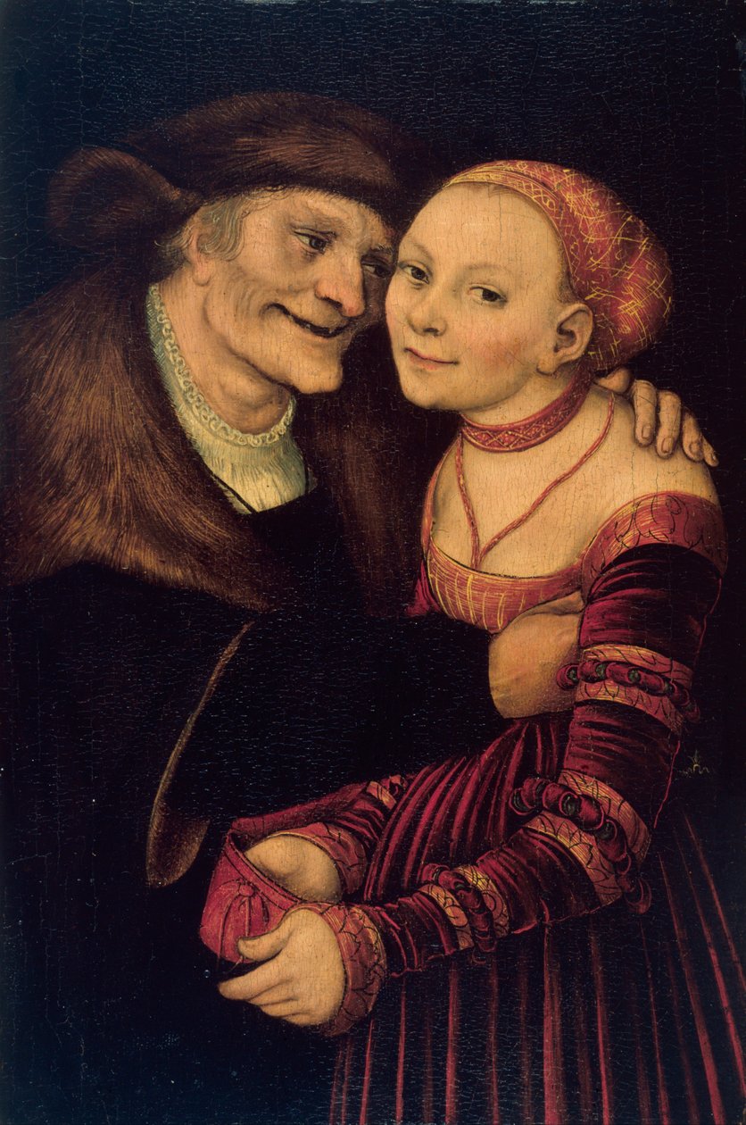 Le couple mal assorti - Az egyenlőtlen pár - Cranach, Lucas, az idősebb (1472-1553) - 1517 - Olaj, fa - 27,3x18 - Museu Nacional d