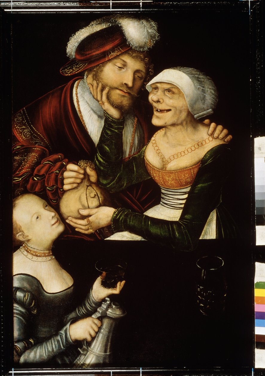""The Procure"" (The procuress) Egy fogatlan öreg strici elveszi egy ügyfél pénztárcáját, cserébe egy interjúért egy prostituálttal. Lucas Cranach, idősebb (1472-1553) festménye 1530 körül Állami Grúz Művészeti Múzeum, Tiflis (Tbiliszi) Georgia alkotó: Lucas the Elder Cranach